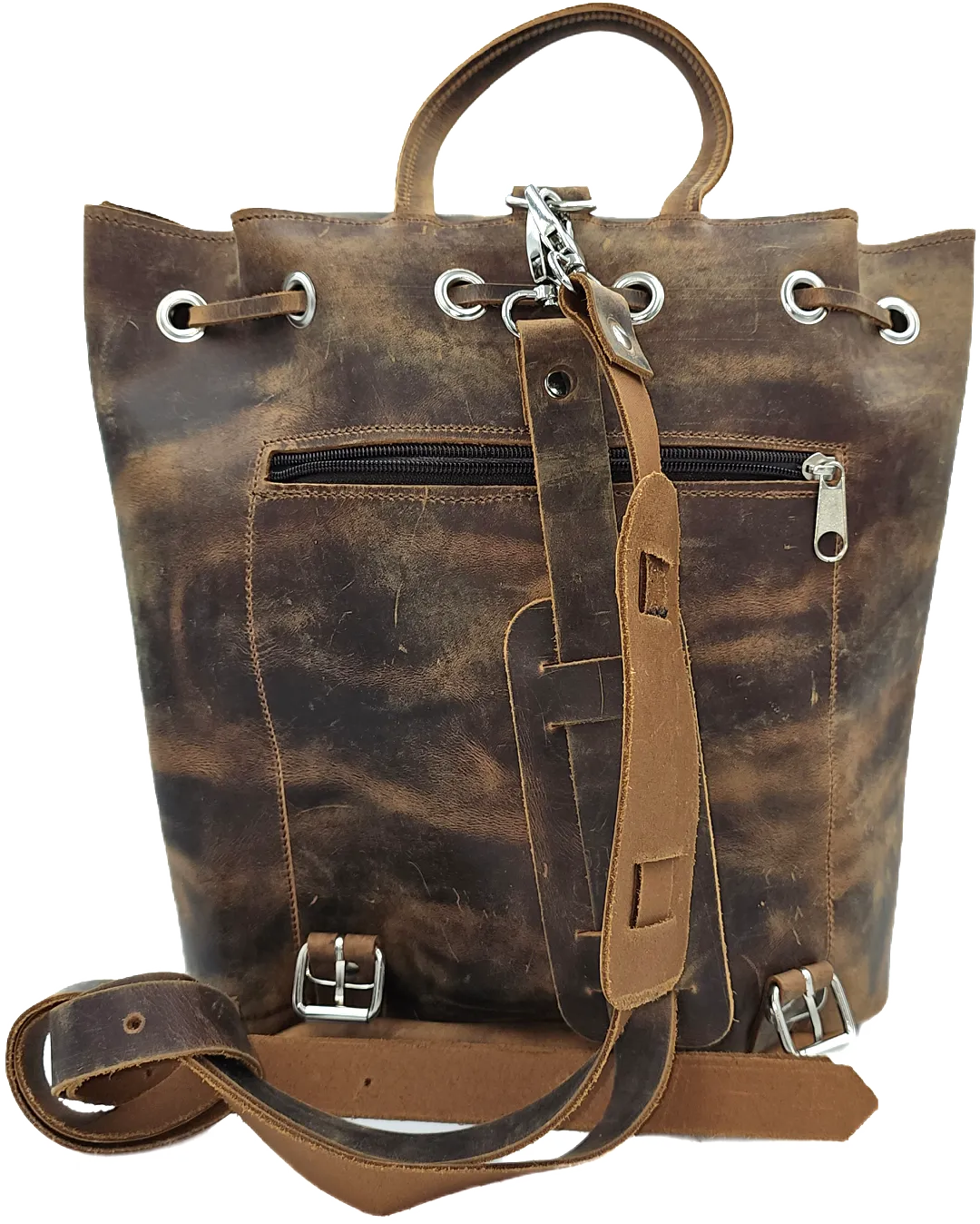 Brown crazy horse leather backpack from oil tanned leather and front zipper pocket