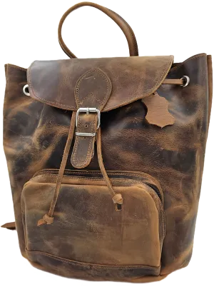Brown crazy horse leather backpack from oil tanned leather and front zipper pocket