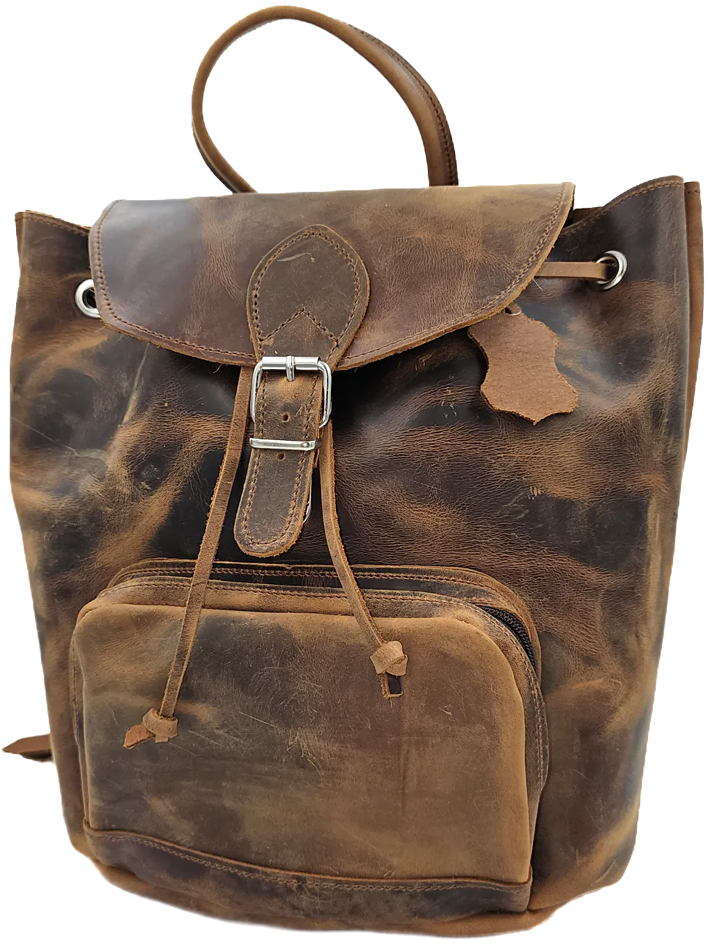 Brown crazy horse leather backpack from oil tanned leather and front zipper pocket