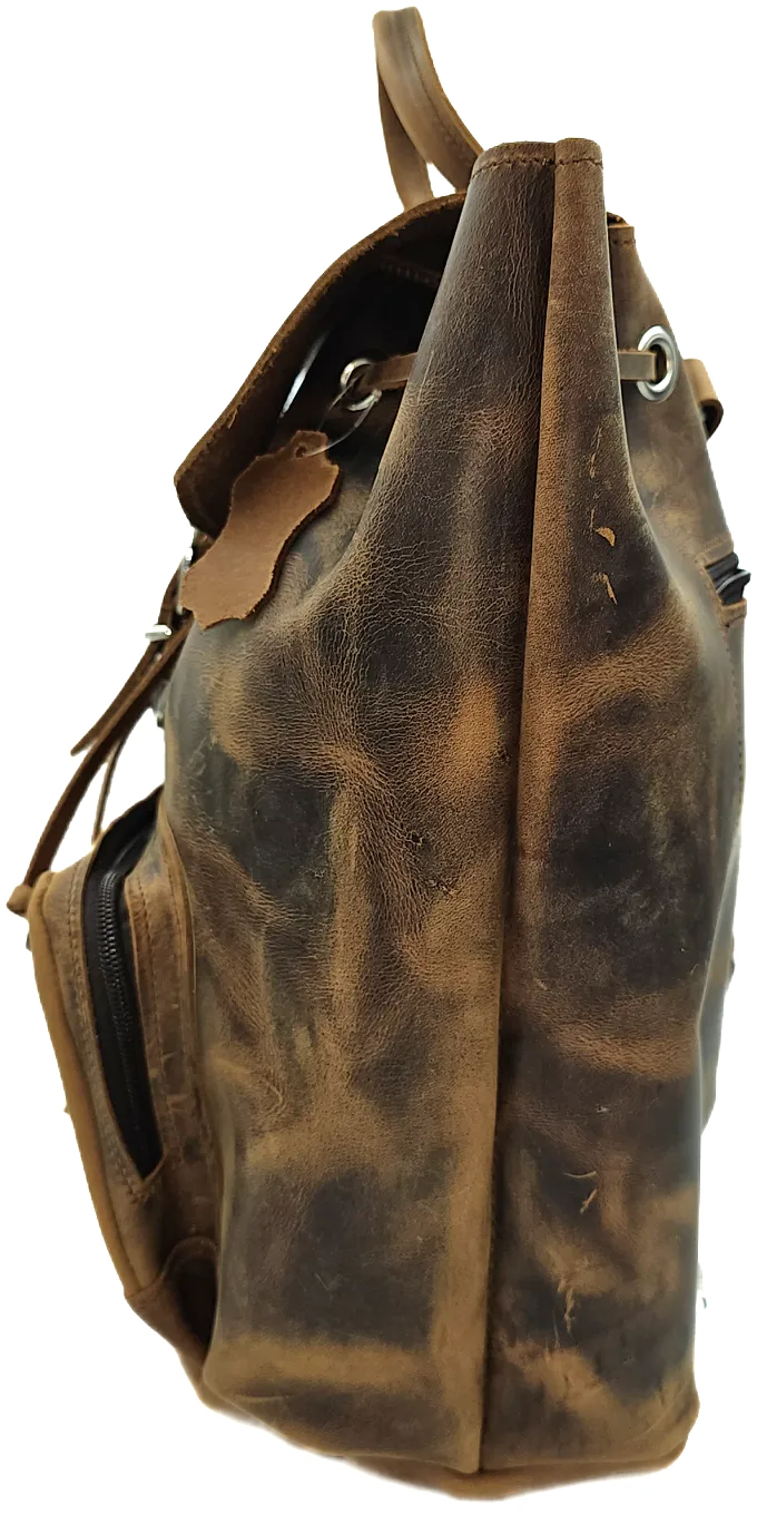 Brown crazy horse leather backpack from oil tanned leather and front zipper pocket