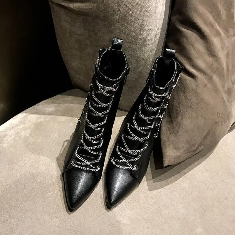 Casual Leather Strap Pointed Toe High Heel Boots