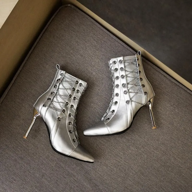 Casual Leather Strap Pointed Toe High Heel Boots