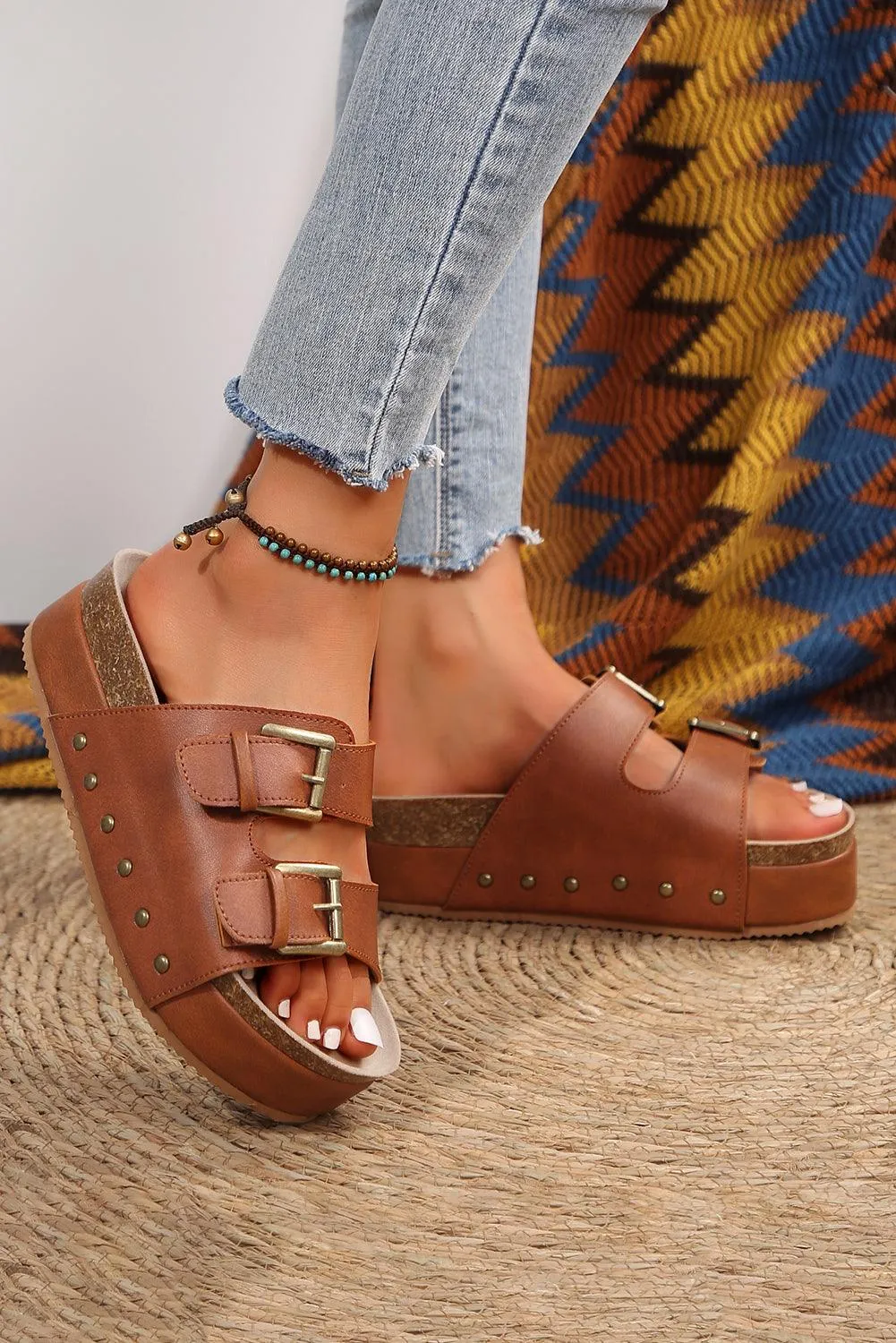 Chestnut Dual Buckle Studded Vintage Platform Slides Shoes