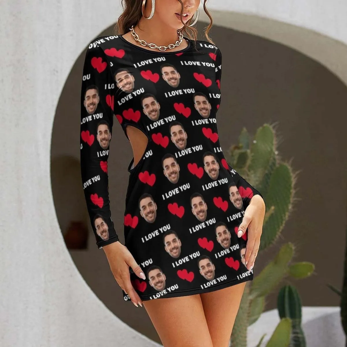 Custom Face I Love You Women's Slim-fit dress with cut-out waist