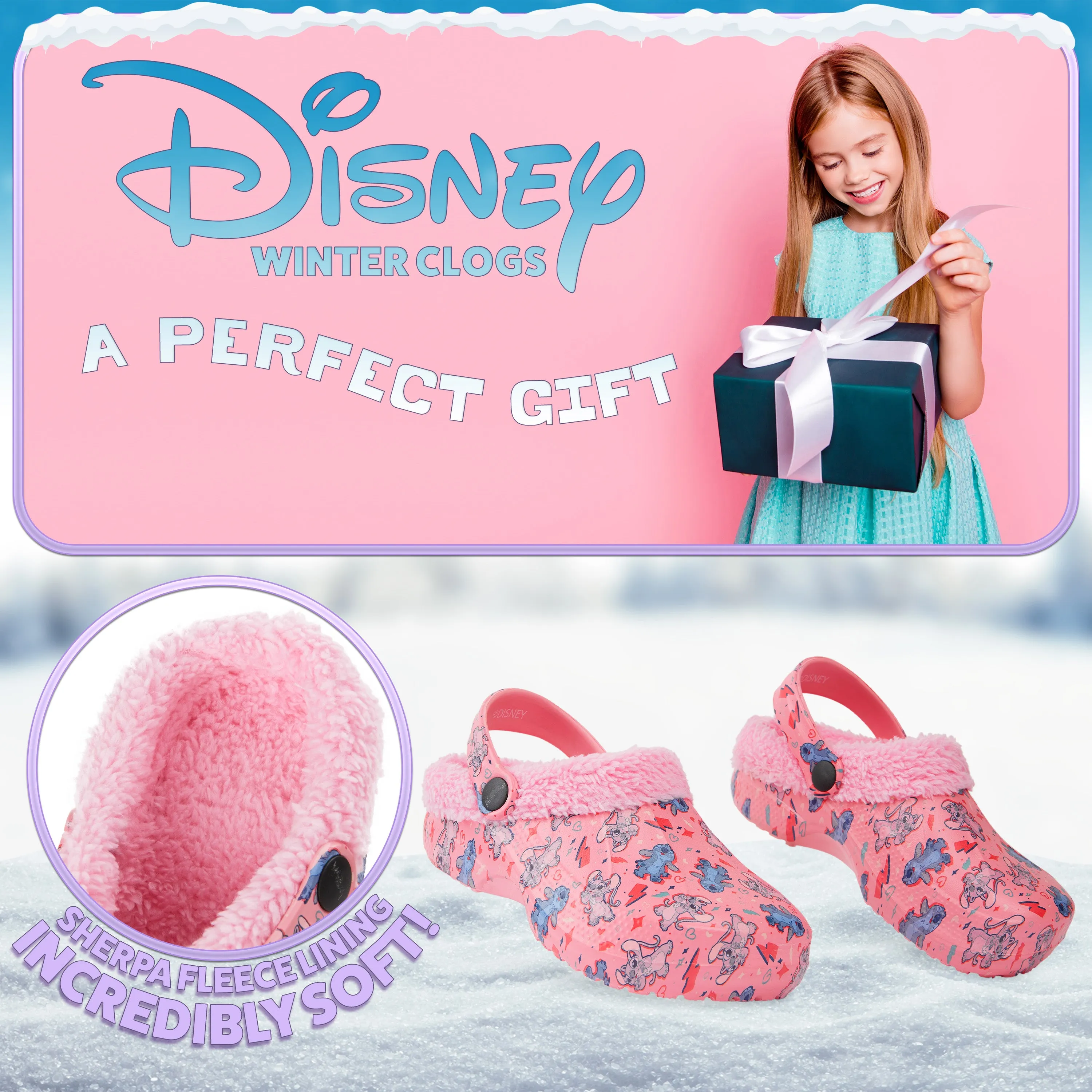 Disney Stitch Winter Clogs Fleece Lining & Removable Charms, Kids Garden Shoes Slip On with Strap