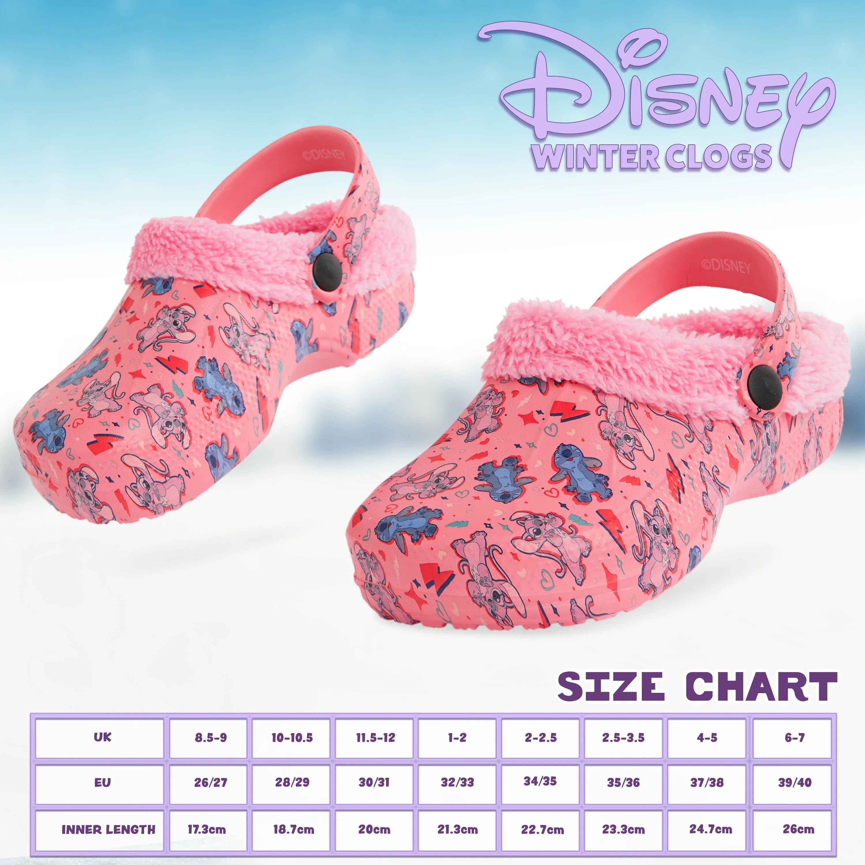 Disney Stitch Winter Clogs Fleece Lining & Removable Charms, Kids Garden Shoes Slip On with Strap