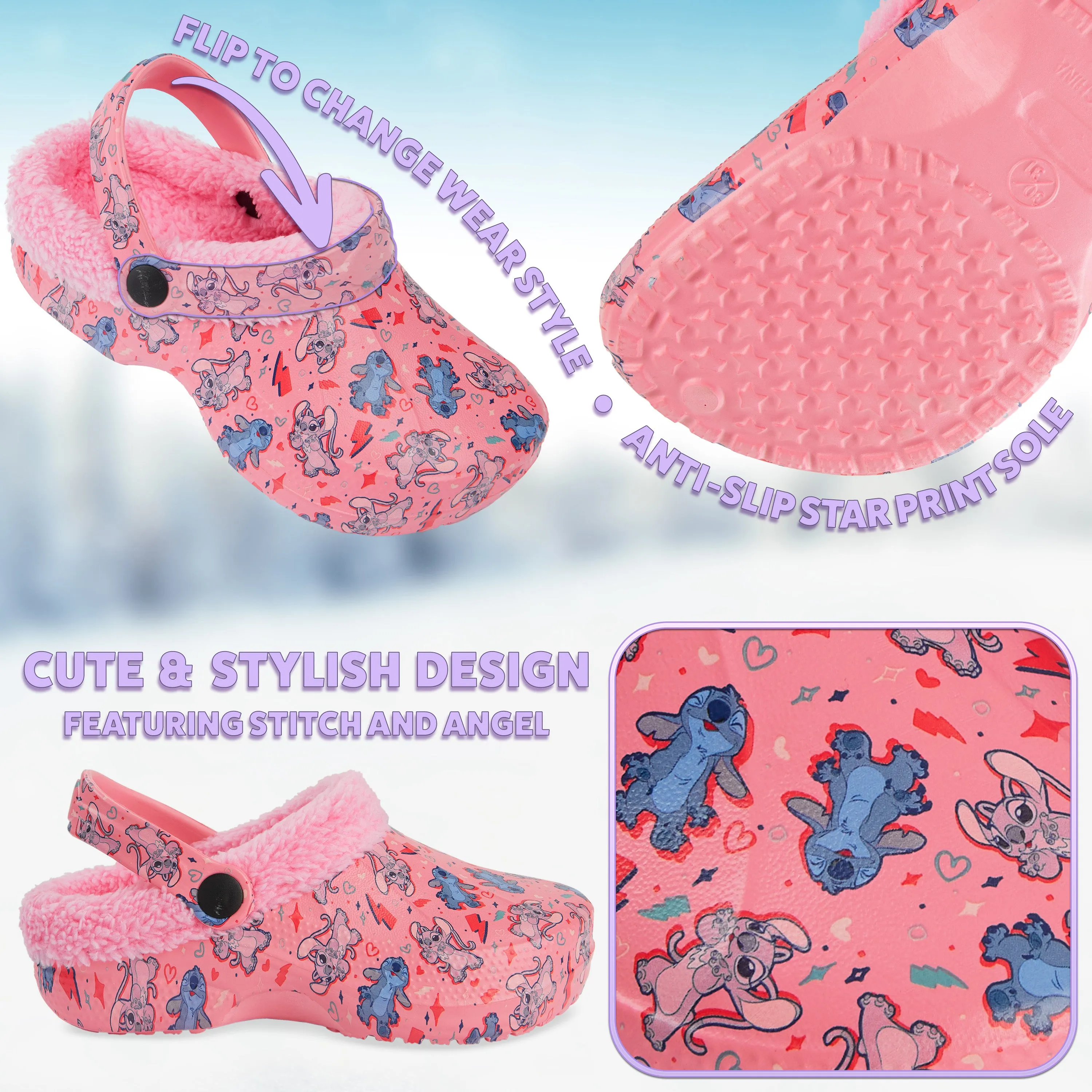 Disney Stitch Winter Clogs Fleece Lining & Removable Charms, Kids Garden Shoes Slip On with Strap