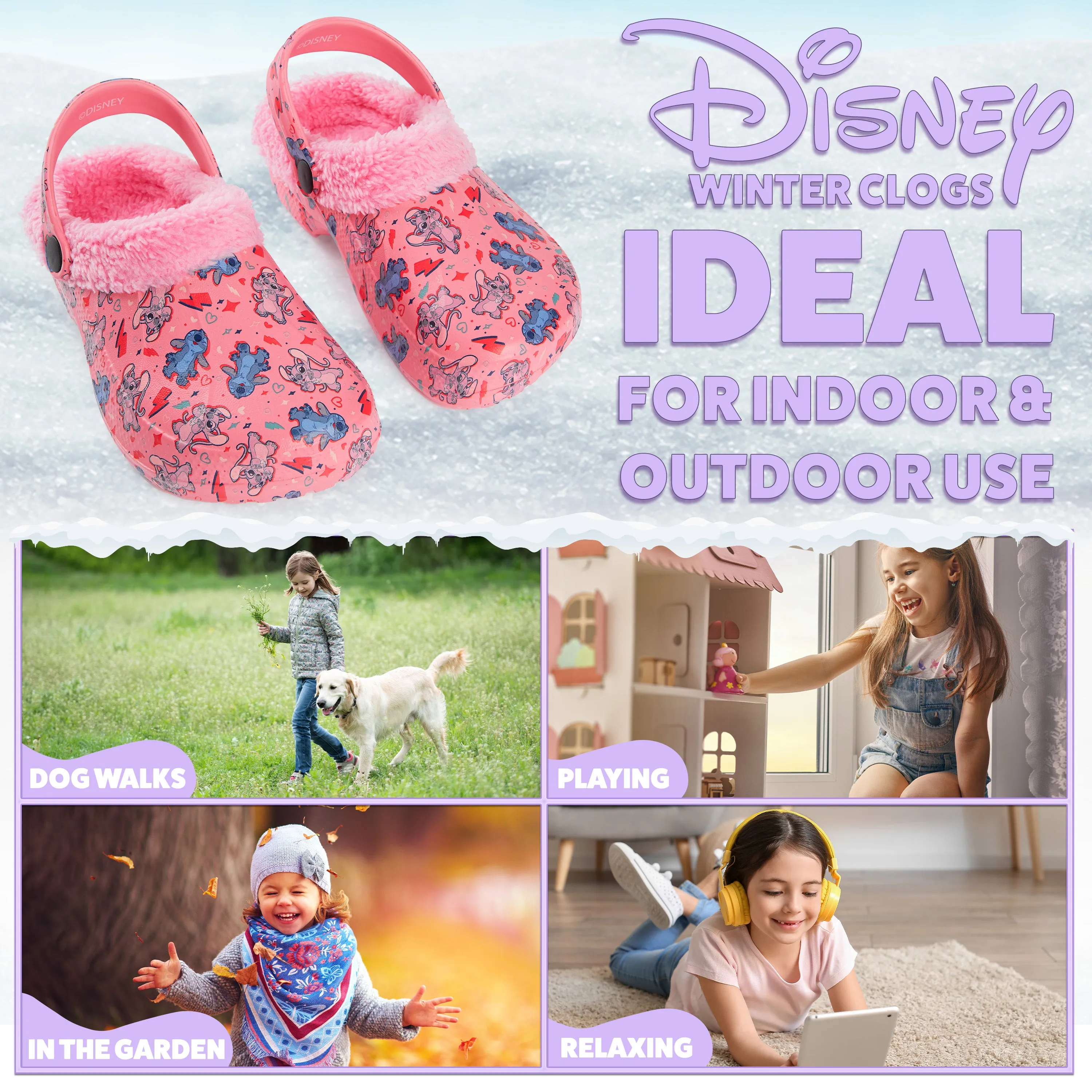 Disney Stitch Winter Clogs Fleece Lining & Removable Charms, Kids Garden Shoes Slip On with Strap