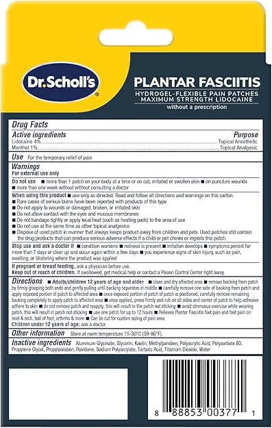 Dr. Scholl's Plantar Fasciitis Pain Patches with Hydrogel Flexible Technology, 8 Ct // Clinically Tested 12-Hour Daily Pain Relief - Contours to Your Foot - with Lidocaine & Menthol, 8 Treatments