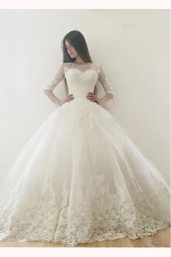 Ivory Puffy Half Sleeves Long Wedding Dresses Vintage Tulle Bateau Appliques Bridal Dresses N1384