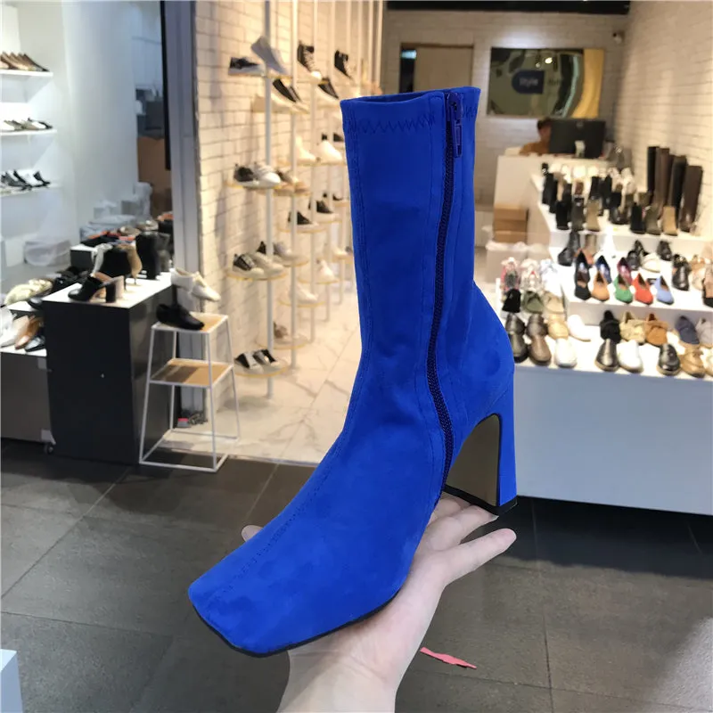LUXE SEVEN DESIGN SQUARE TOE BLOCK HEELED SOCK BOOTS