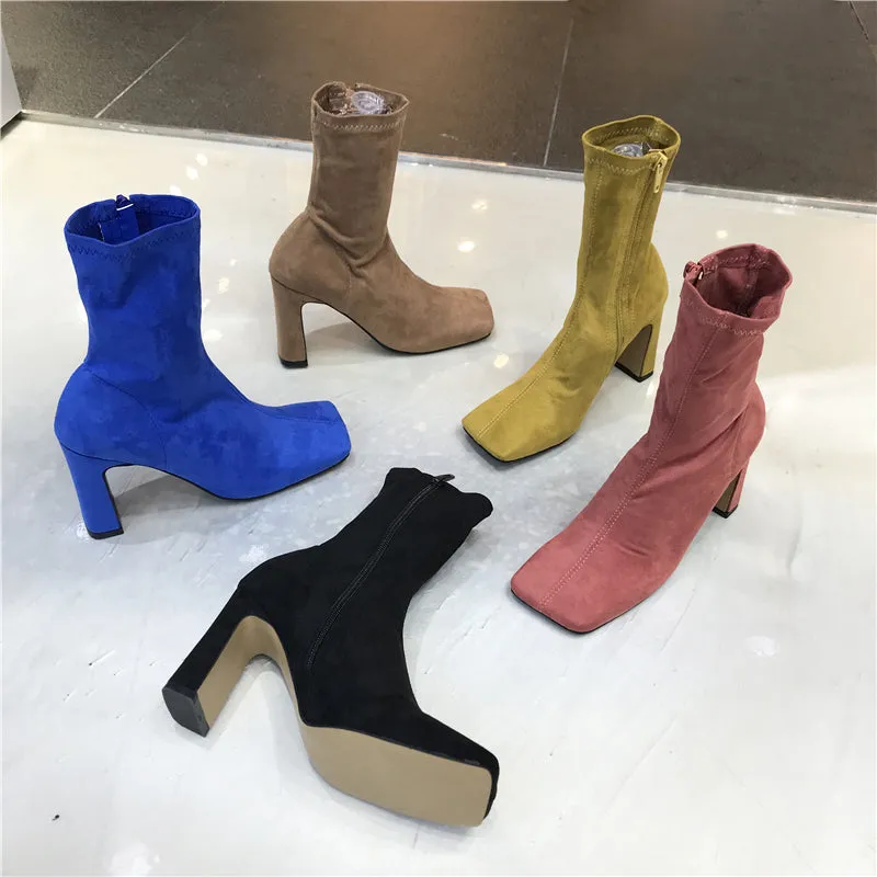 LUXE SEVEN DESIGN SQUARE TOE BLOCK HEELED SOCK BOOTS