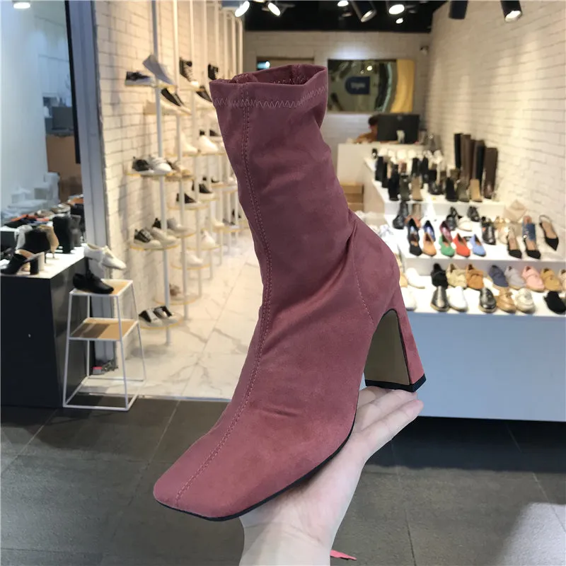 LUXE SEVEN DESIGN SQUARE TOE BLOCK HEELED SOCK BOOTS