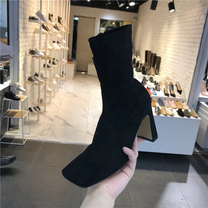 LUXE SEVEN DESIGN SQUARE TOE BLOCK HEELED SOCK BOOTS