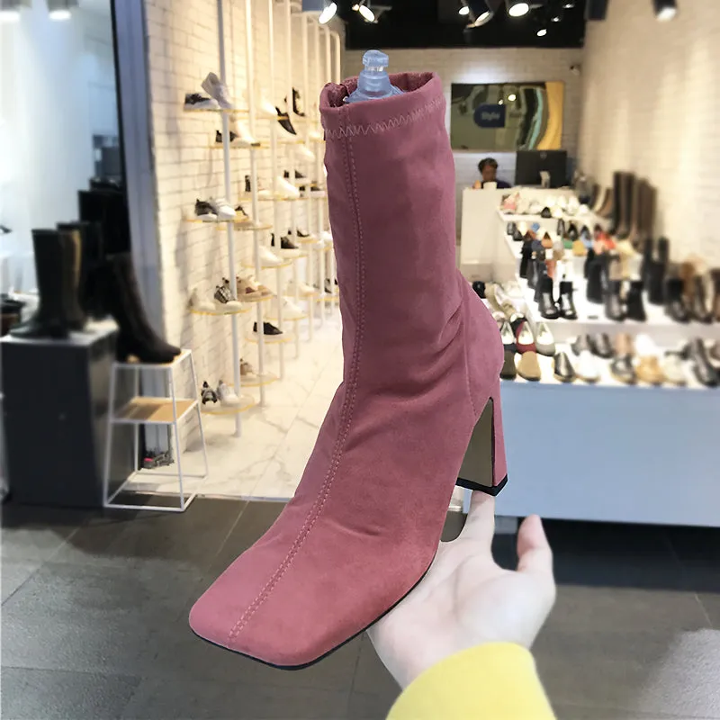 LUXE SEVEN DESIGN SQUARE TOE BLOCK HEELED SOCK BOOTS