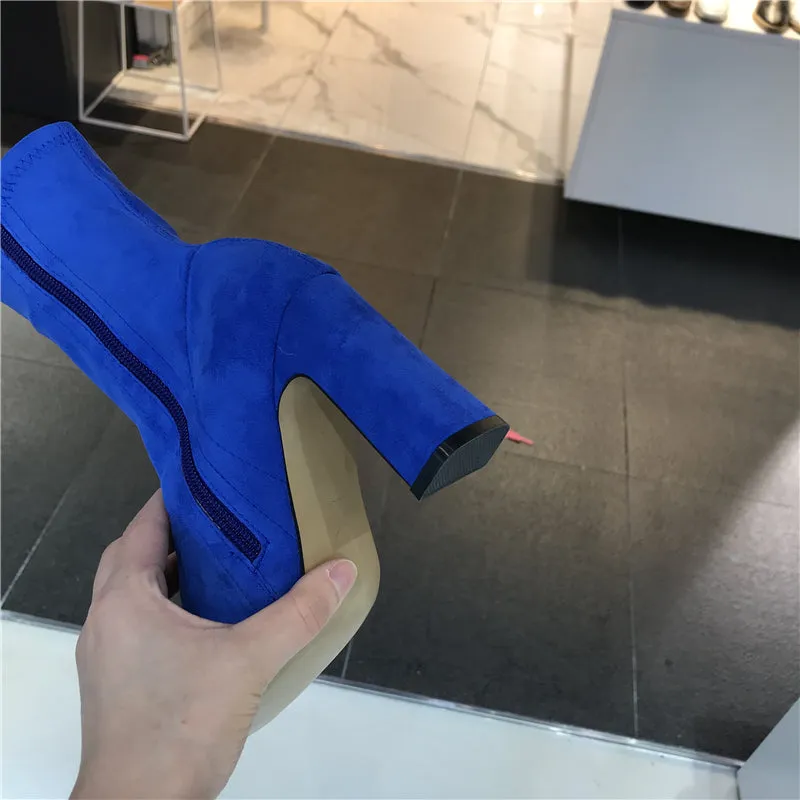LUXE SEVEN DESIGN SQUARE TOE BLOCK HEELED SOCK BOOTS