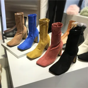 LUXE SEVEN DESIGN SQUARE TOE BLOCK HEELED SOCK BOOTS