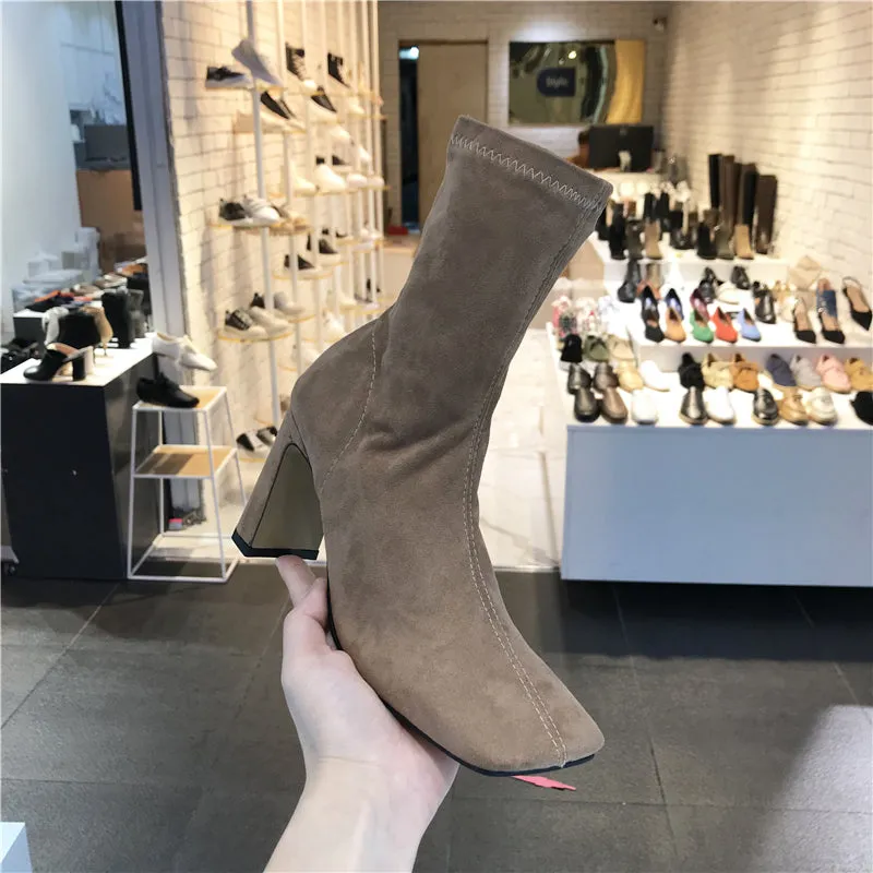 LUXE SEVEN DESIGN SQUARE TOE BLOCK HEELED SOCK BOOTS