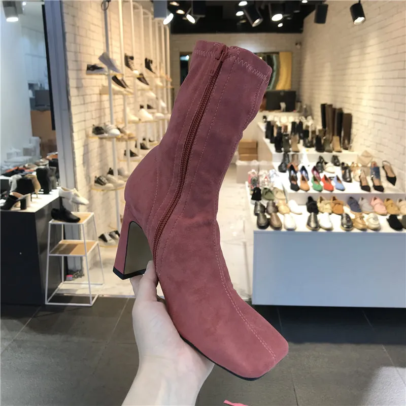 LUXE SEVEN DESIGN SQUARE TOE BLOCK HEELED SOCK BOOTS