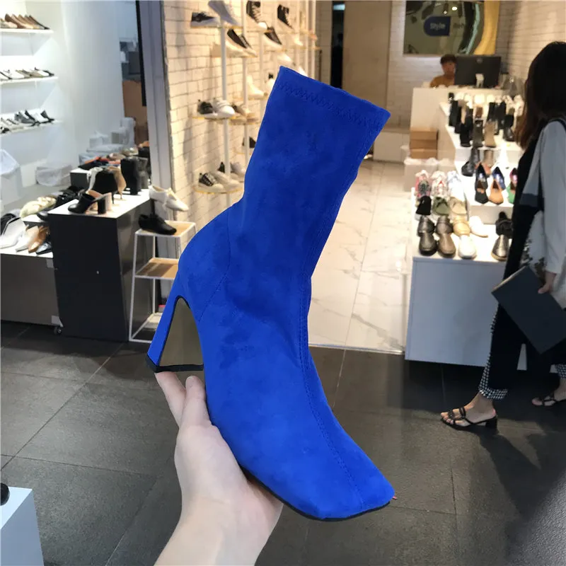 LUXE SEVEN DESIGN SQUARE TOE BLOCK HEELED SOCK BOOTS