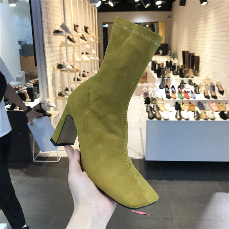 LUXE SEVEN DESIGN SQUARE TOE BLOCK HEELED SOCK BOOTS
