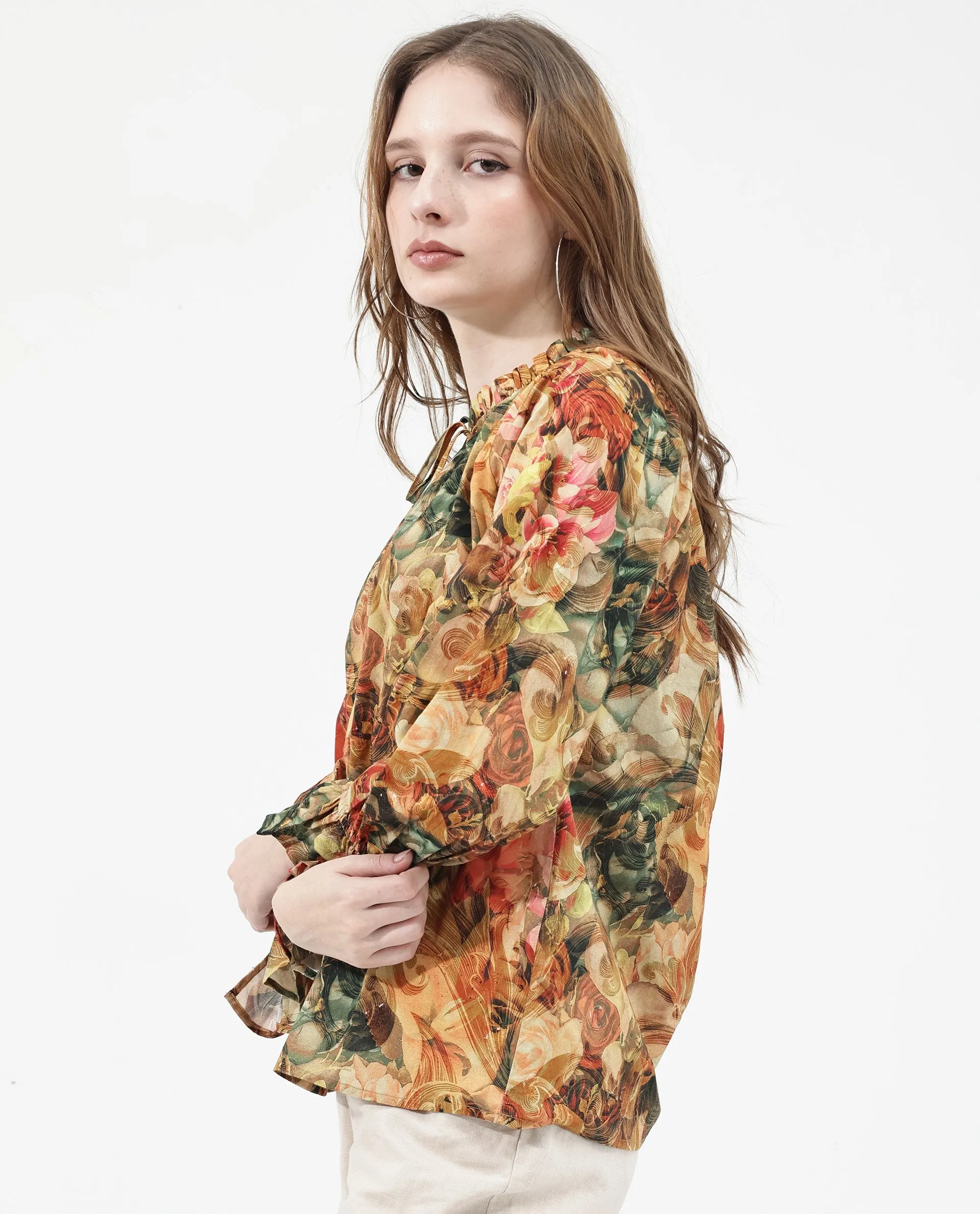 Rareism Women Galski Multi Cotton Fabric Regular Sleeves Collared Neck Abstract Print Regular Length Top