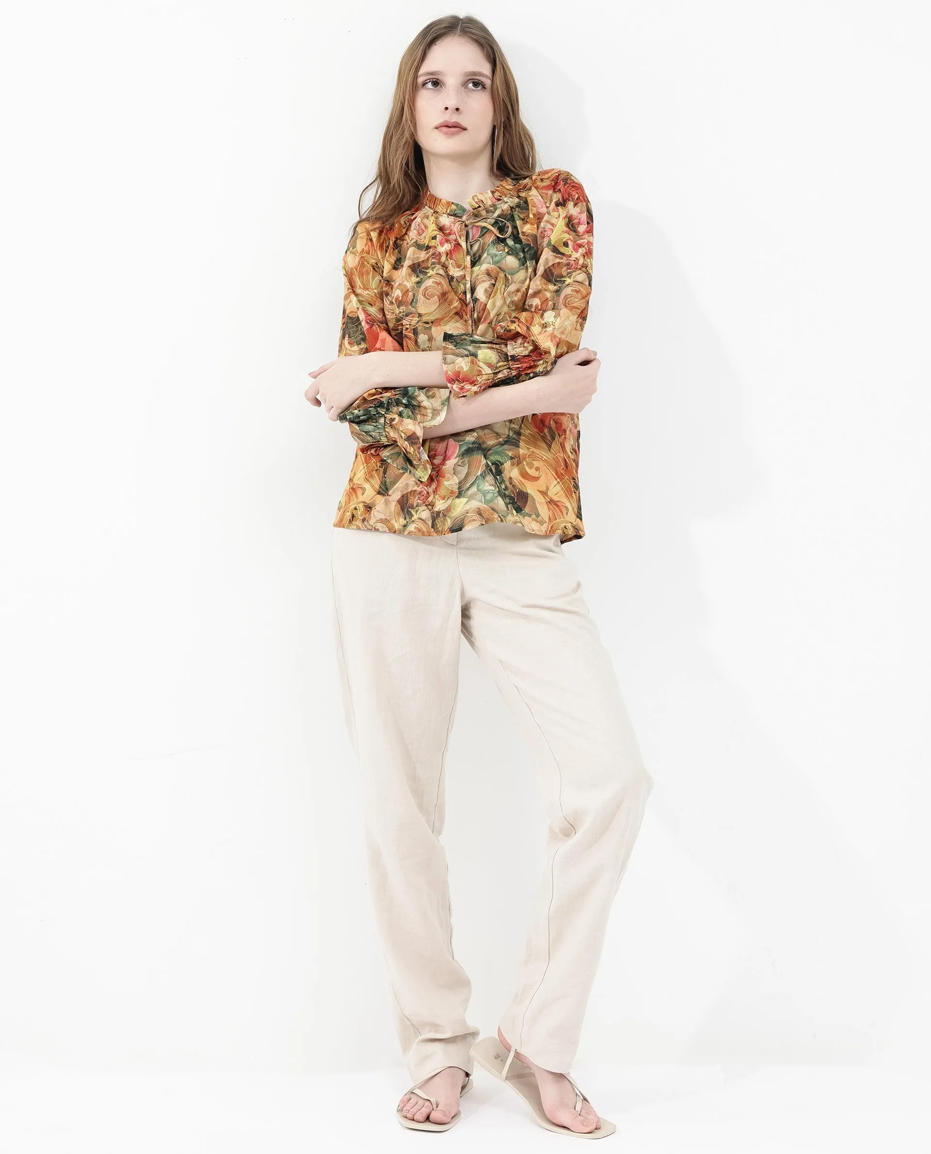 Rareism Women Galski Multi Cotton Fabric Regular Sleeves Collared Neck Abstract Print Regular Length Top