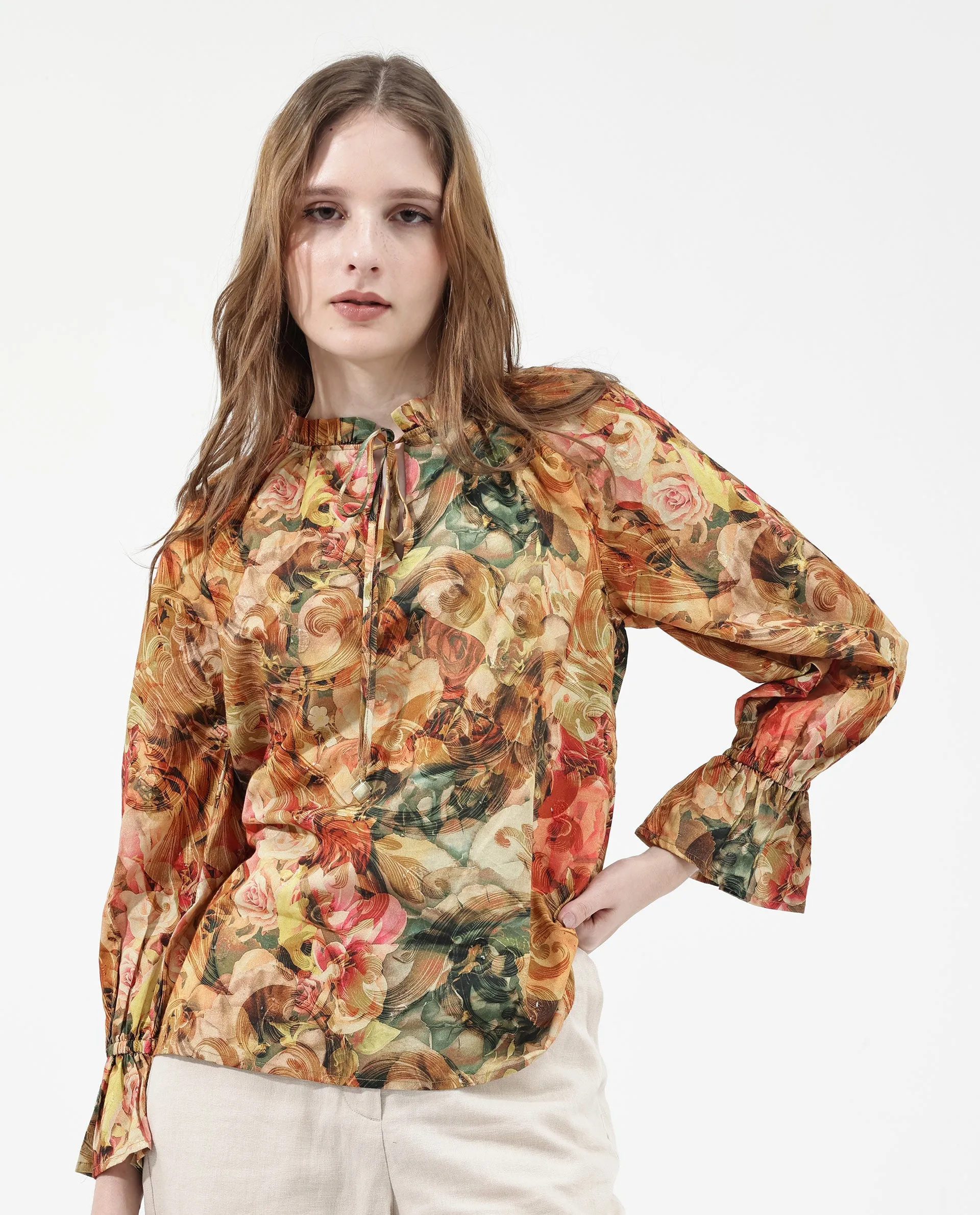 Rareism Women Galski Multi Cotton Fabric Regular Sleeves Collared Neck Abstract Print Regular Length Top