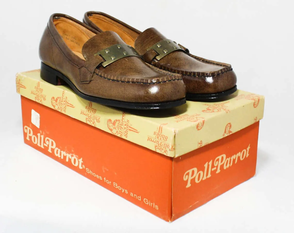 Size 2 Boys Shoes - Authentic 1960s Brown Leather Loafers - Child Size Boy's 2 B - Slip On 60's Preppy Shoe - 60s NIB NOS Deadstock in Box