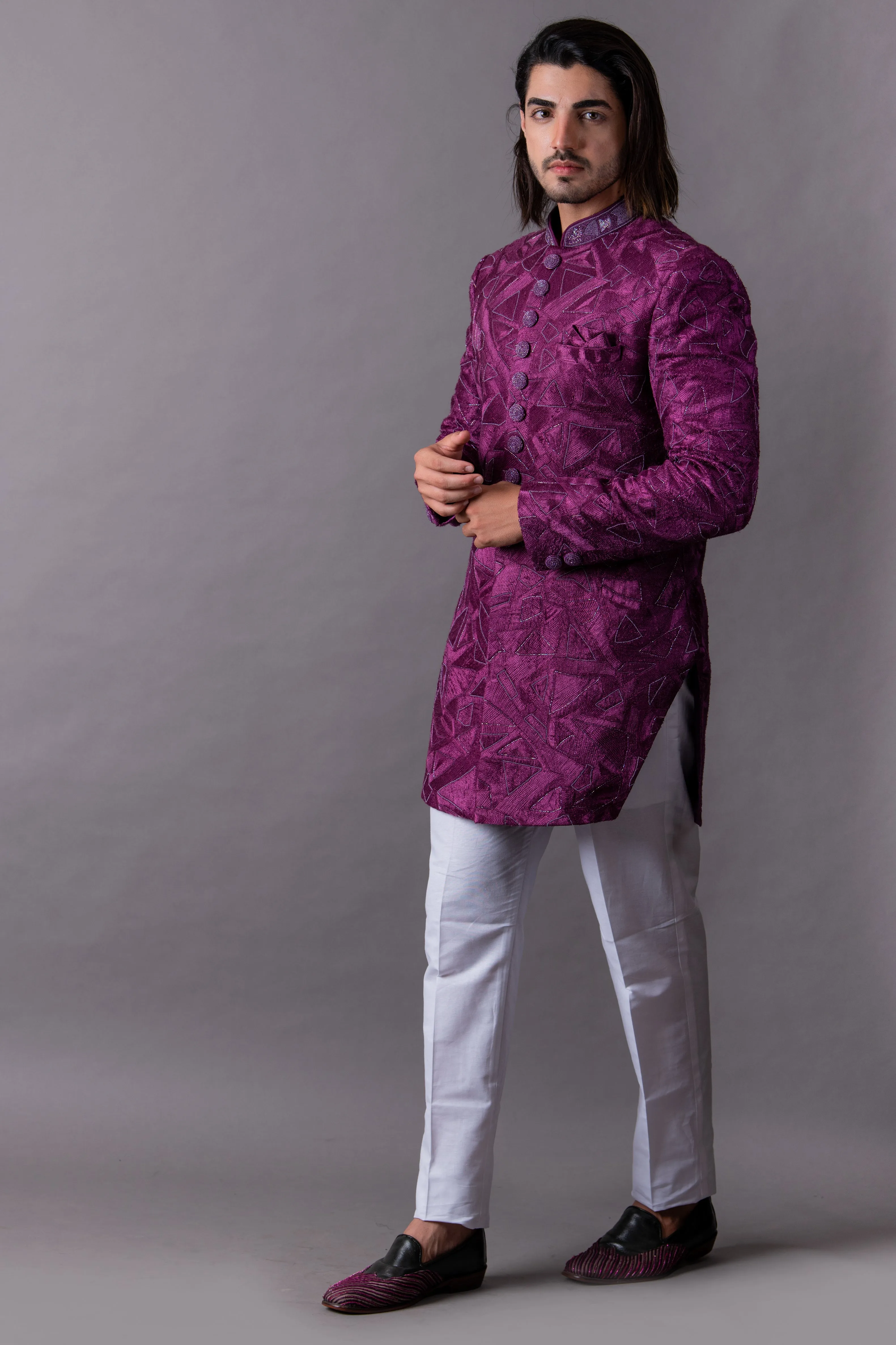 Wine Indo Western Set with Trousers
