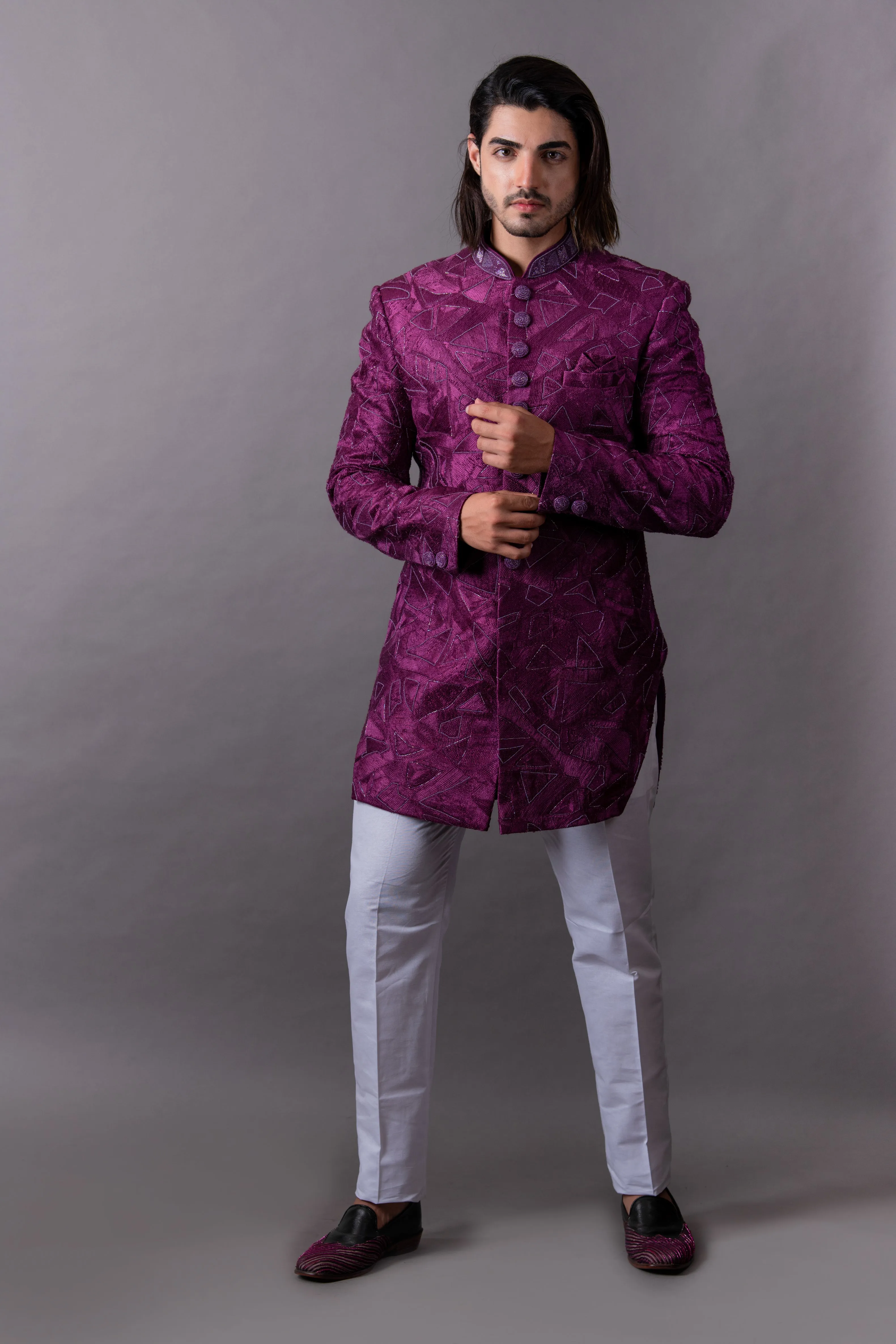 Wine Indo Western Set with Trousers