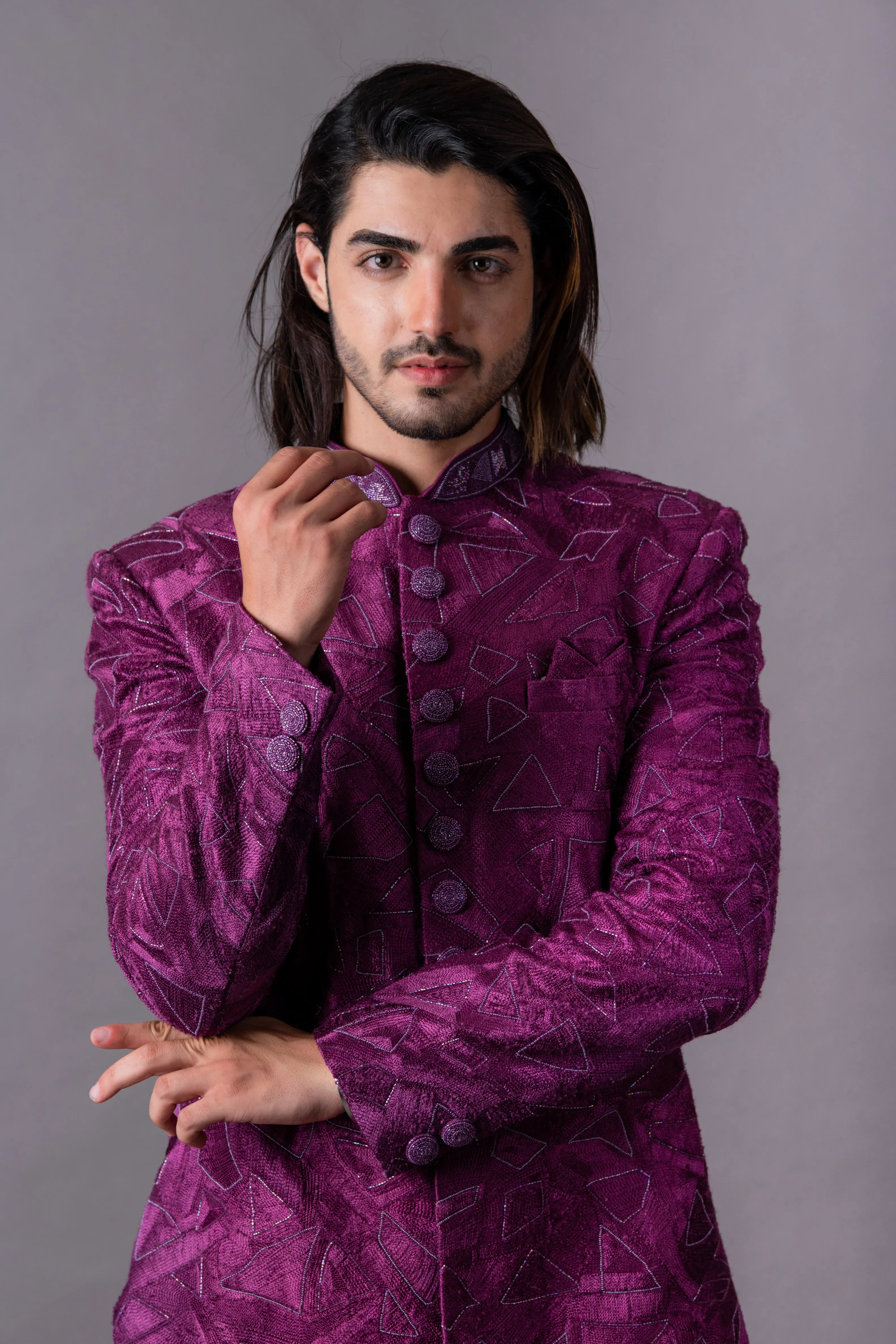 Wine Indo Western Set with Trousers