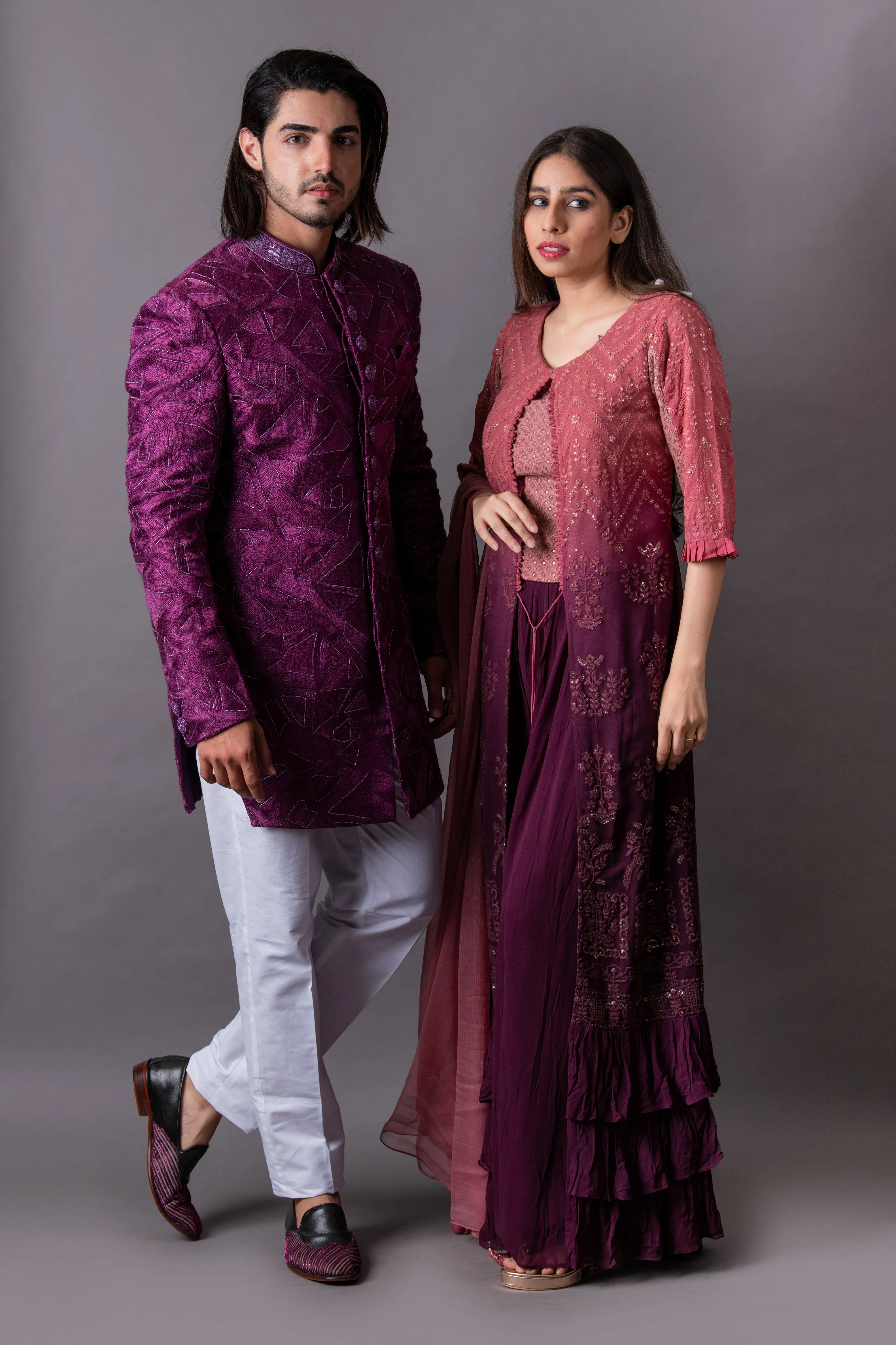 Wine Indo Western Set with Trousers