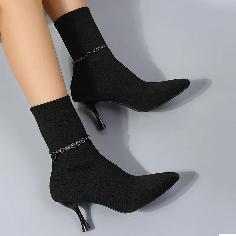 Women Thin Thick High-heeled Sock Shoes Cotton Slip on Elastic Pointed Pearl Pendant 2022 Autumn Winter New Fashion Short Boots