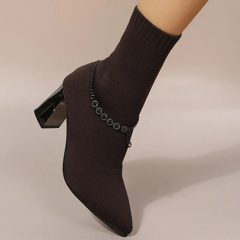 Women Thin Thick High-heeled Sock Shoes Cotton Slip on Elastic Pointed Pearl Pendant 2022 Autumn Winter New Fashion Short Boots