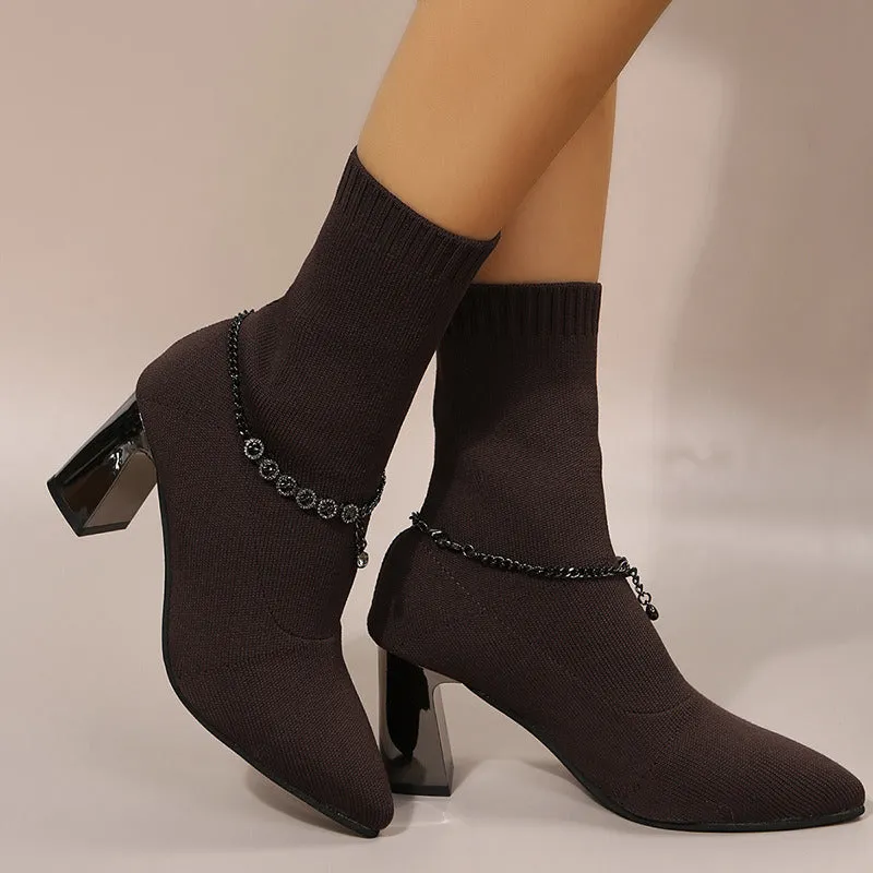 Women Thin Thick High-heeled Sock Shoes Cotton Slip on Elastic Pointed Pearl Pendant 2022 Autumn Winter New Fashion Short Boots