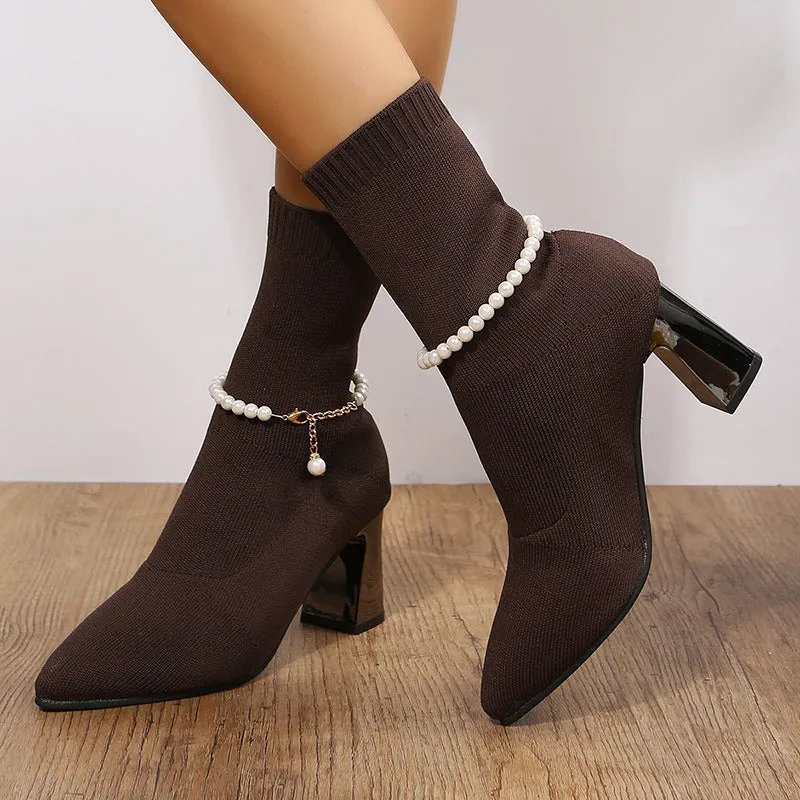 Women Thin Thick High-heeled Sock Shoes Cotton Slip on Elastic Pointed Pearl Pendant 2022 Autumn Winter New Fashion Short Boots