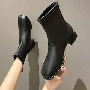 Women's elegant square toe block heel ankle booties with back zipper