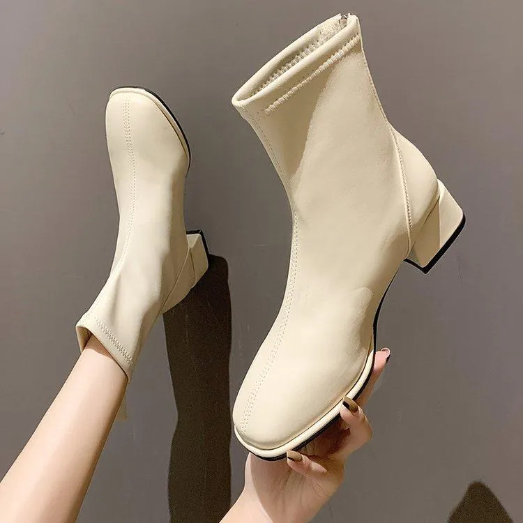 Women's elegant square toe block heel ankle booties with back zipper