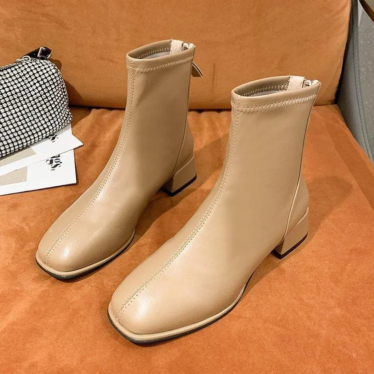 Women's elegant square toe block heel ankle booties with back zipper