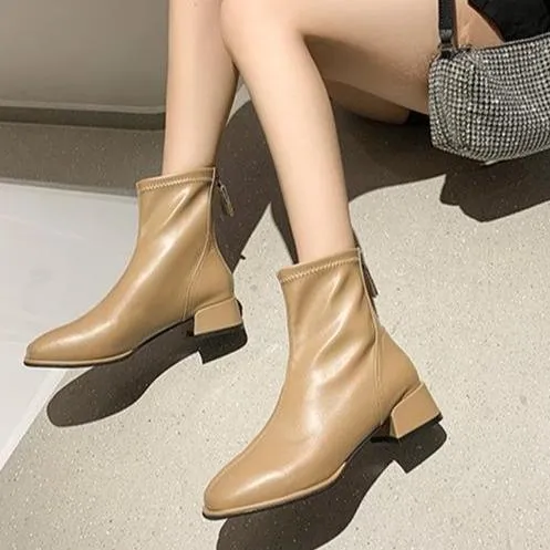 Women's elegant square toe block heel ankle booties with back zipper