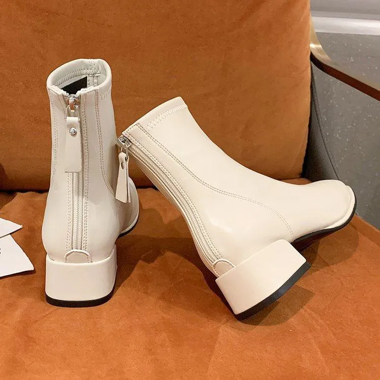 Women's elegant square toe block heel ankle booties with back zipper