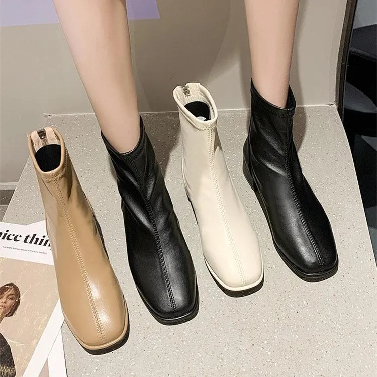 Women's elegant square toe block heel ankle booties with back zipper