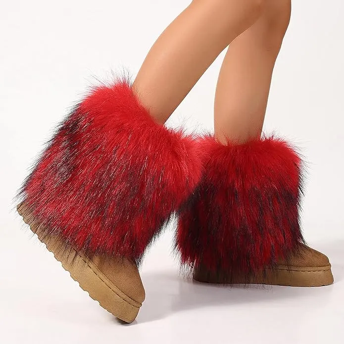 Women's faux fur boots warm plush lining snow boots