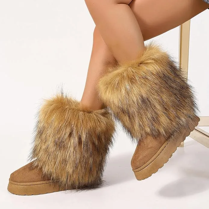 Women's faux fur boots warm plush lining snow boots