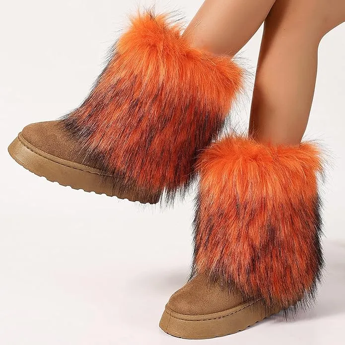 Women's faux fur boots warm plush lining snow boots