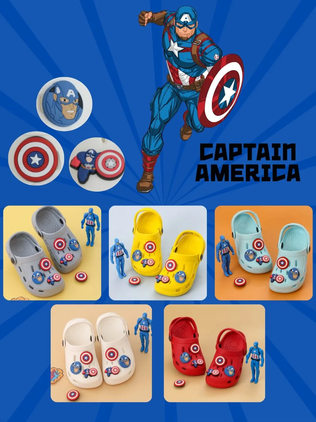 Yellow Bee Boys’ Marvel Captain America Clogs with Shield & Character Charms – Red